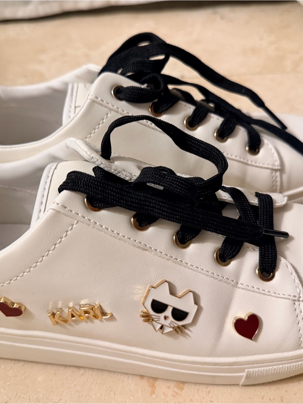 Karl Lagerfeld White Sneakers with Black Laces and Gold Accents - Picture 3 of 7